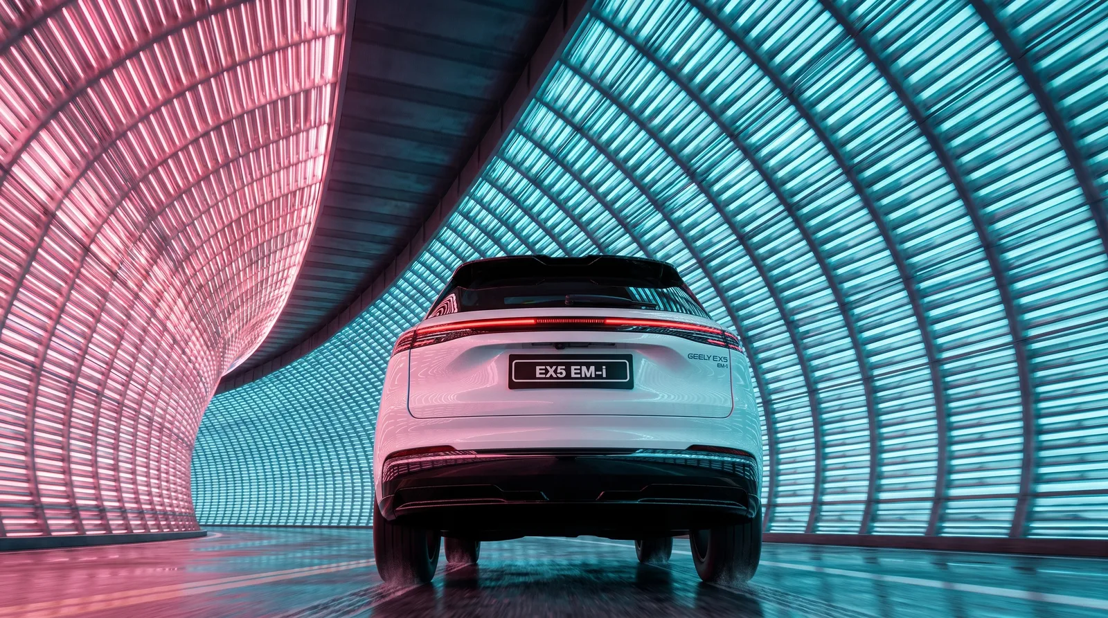 White EX5 EM-i dead astern in an LED-lined tunnel